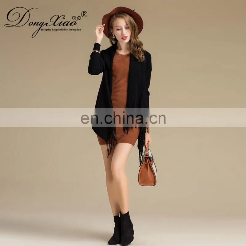 Latest Design Ladies Poncho with Tassel Solid Color Long Sleeves Cashmere Knitted Sweater for Autumn Short Length with Logo Back
