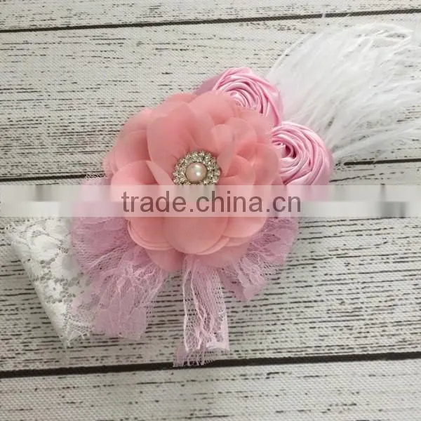 bulk high quality baby hair accessory lace flower and feather fashion headband for kids