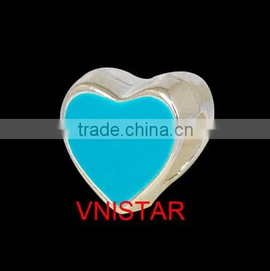 Vnistar Silver plated enamel bead hot pink&cyan&black heart-shaped bead size in 9*10mm PBD556