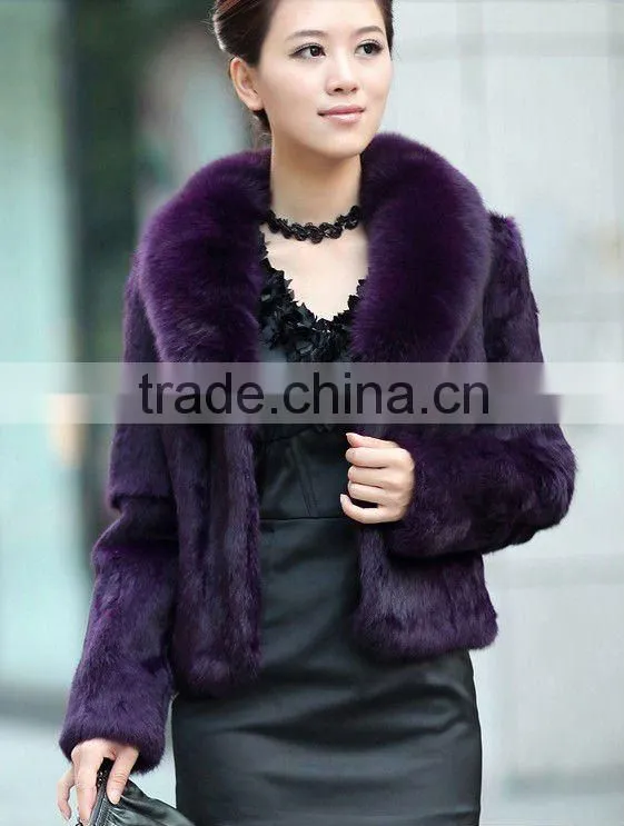 fashionable white rabbit fur coat with fox fur collar