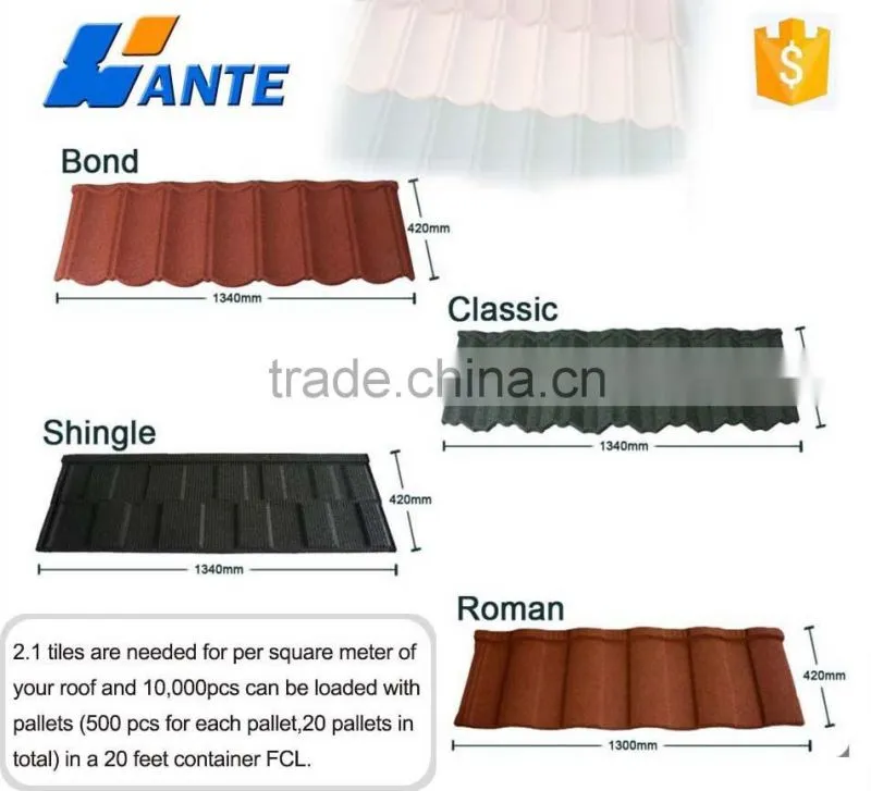 2016 Low Price Natural Colorful stone coated metal roofing materials roof tiles