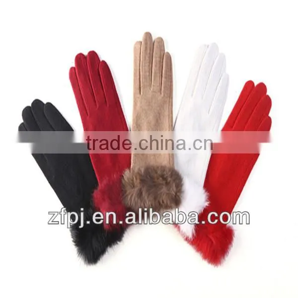 Ladies wearing sheep wool gloves with rabbit fur cuffs