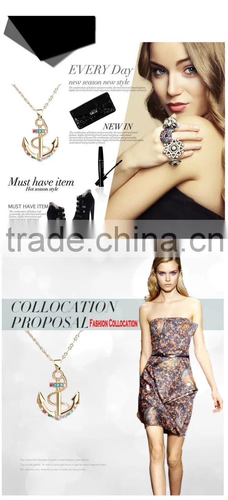 2016 Fashion Anchor Jewelry Crystal Wedding 18K Gold Necklace Designs