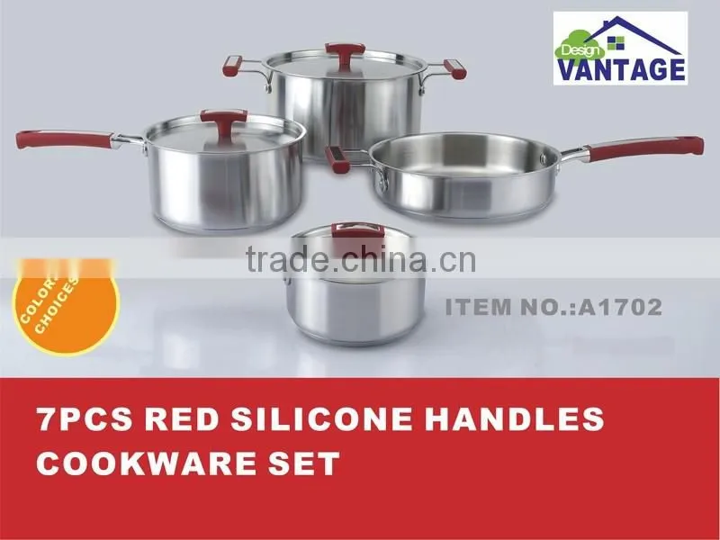 Vantage design 7PCS red silicon handle stainless steel kitchen queen cookware set,including 2pcs casserole, saucerole ,frypan