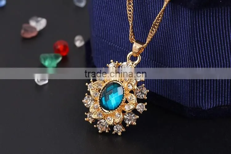 High quality big green stone korea wedding necklace and earring sets gold jewellery