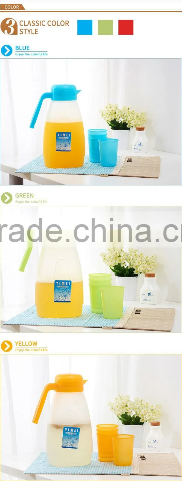 Cold kettle sets with lid plastic juice and tea vottle with 4 cups