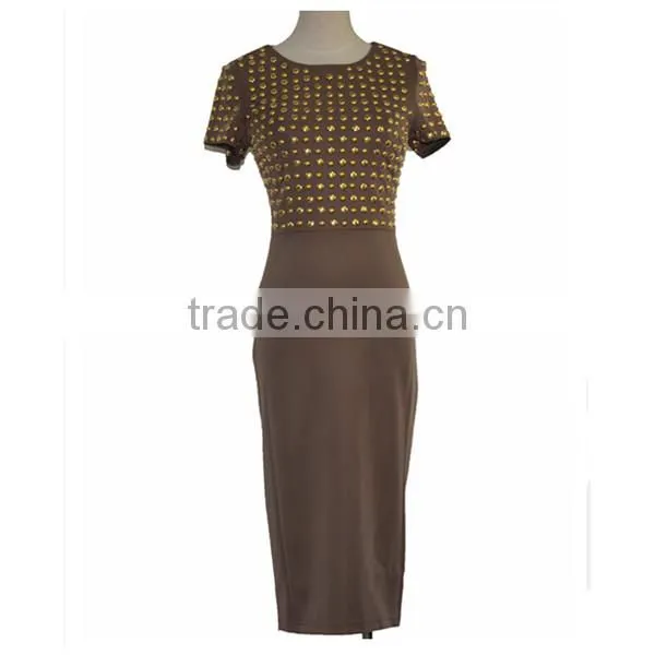 Alibaba fashion brown color short sleeve casual women dress model