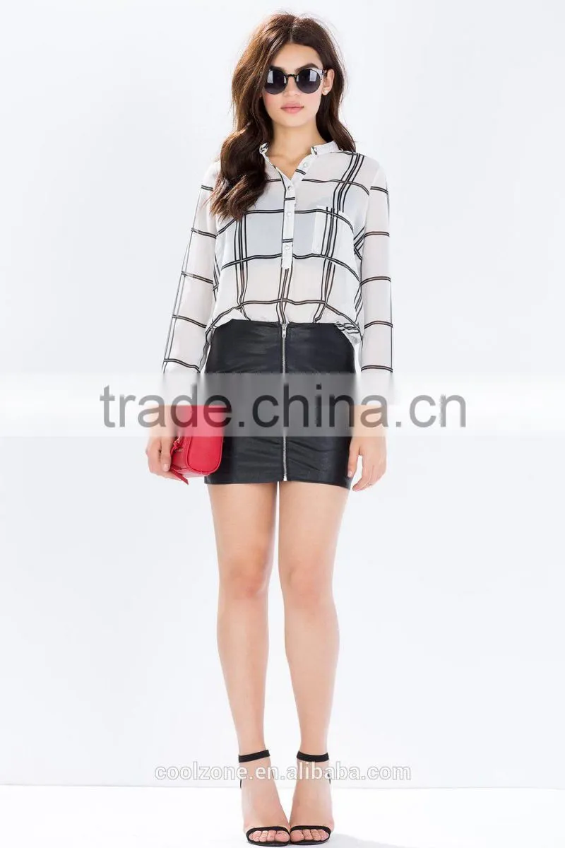 2015 New design sheer chiffon ladies blouse grid print blouses wholesale