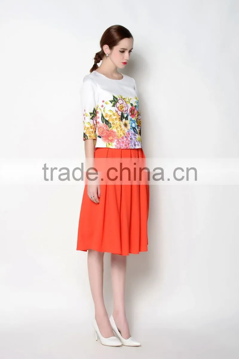 hot sell o neck floral half sleeve latest skirt and blouse for women