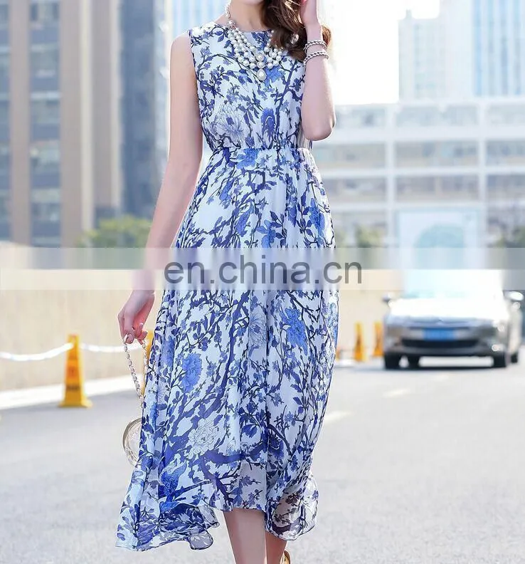 floral chiffon blue sleeveless long dress