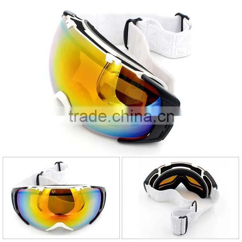 Fashion design spherical REVO lens waterproof anti shock snow ski goggles with white high ribbon strap