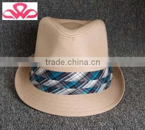 WLZH1014-3 100%Cotton canvas with tartan band fedora felt hat pattern free