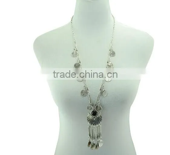 2016 New Fashion Gypsy Bohemian Boho Jewelry Antique Silver Tassels Long Carving Coins Necklace For Women