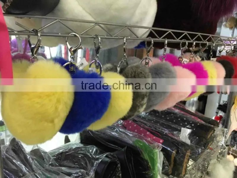 Wholesale price rabbit fur accessories heart-shaped leather keychain fur pompoms