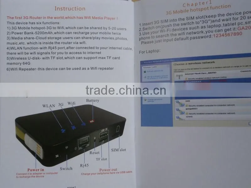 3G router with wifi media player and power bank 5200mA