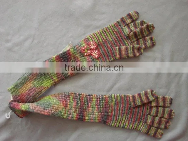 TYG002 Ladies Fashion 75%Acrylic8%Polyamide17%Wool/Multi colour/ Long Gloves With Flowers By Hand/2014 Winter