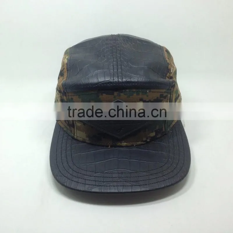 High quality flat brim black leather 5 panel hat with label
