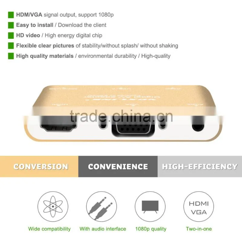 1080P HDMI And VGA+Audio Dual Display Converter Digital AV Multiport Adapter Golden