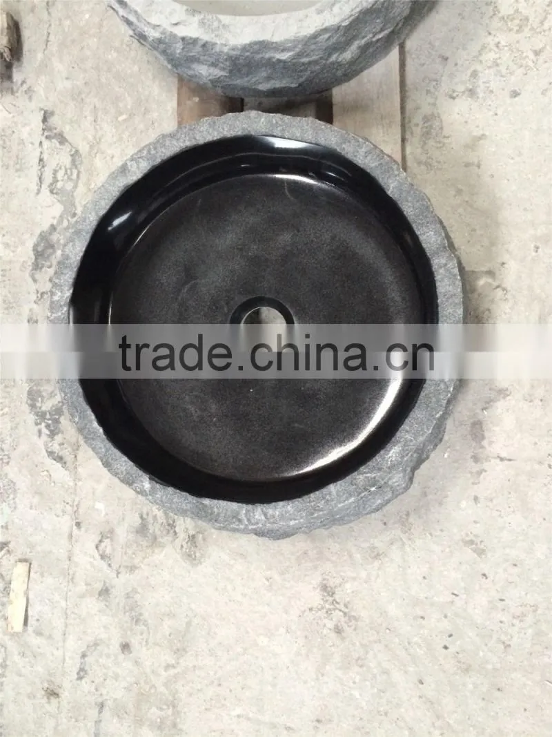 best price Shanxi black granite stone bathroom sink with natural outside