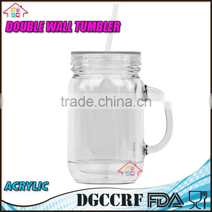 NBRSC Double Wall Insulated Plastic Jar Tumbler Mug with Striped Straws