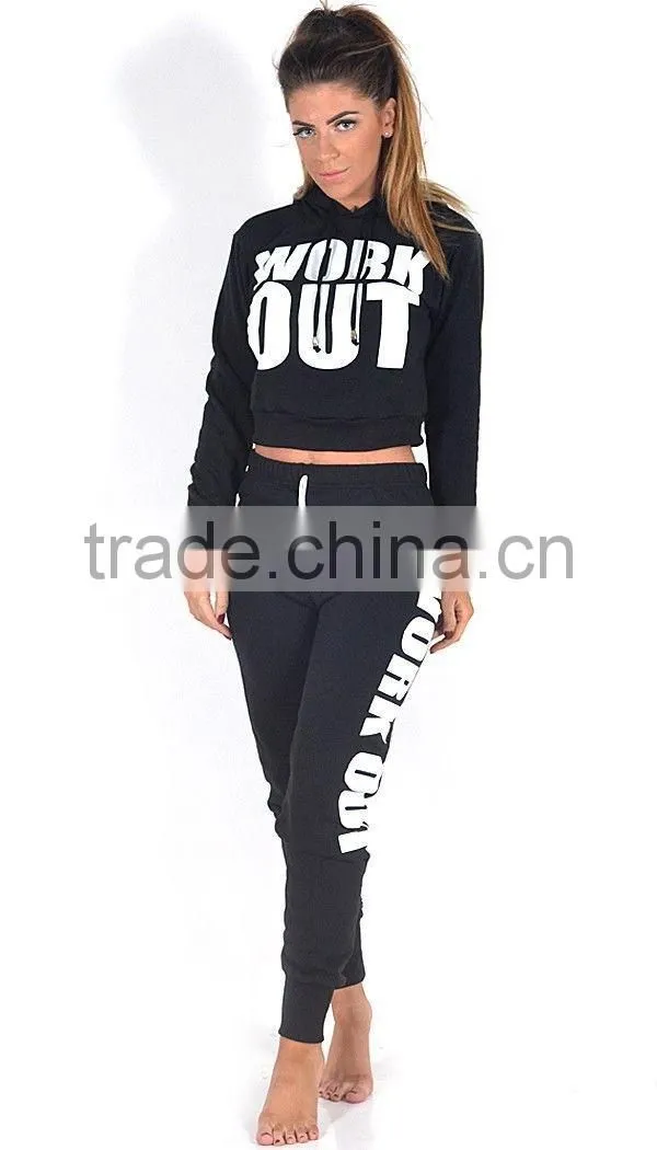 NEW LADIES WORK OUT SLOGAN TRACKSUIT CROP HOODIE JOGGERS SET GYM SUIT