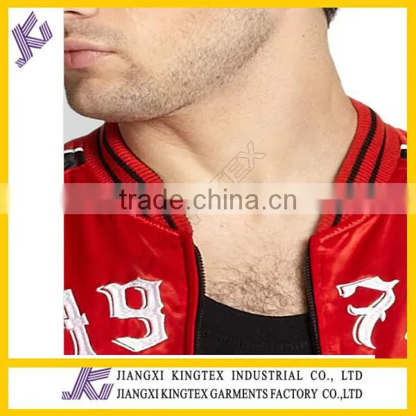 Embroidered Satin Bomber Jacket,sporty cool jacket,rib collar and sleeve cuff jacket