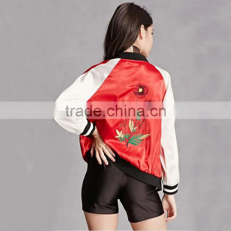 Satin back floral embroidered striped raglan sleeves casual coats for ladies