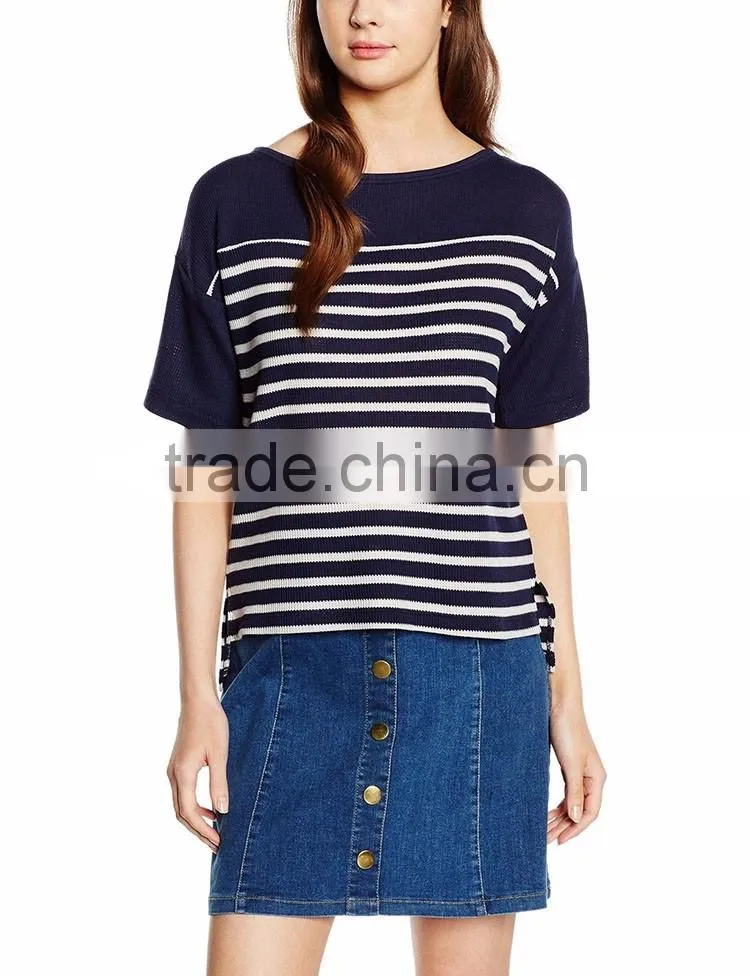 2017 Guangzhou Wholesaler 180g 95% Cotton 5% Polyester Summer Stripe Short Sleeve Waffle T Shirt Woman