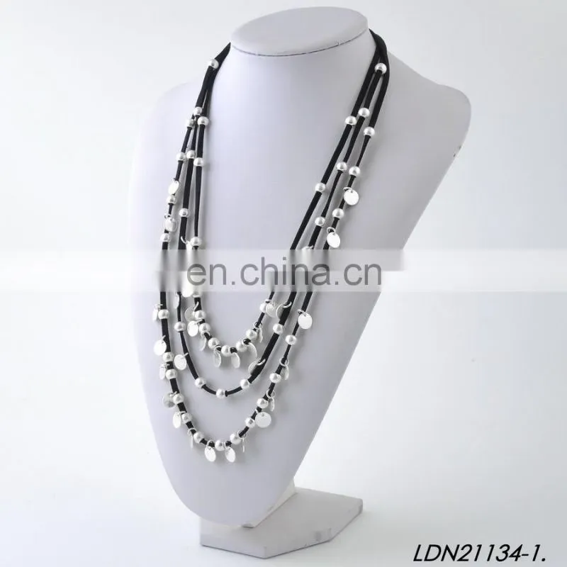Layered Suede Small Disc Worn Gold And Siver Necklaces