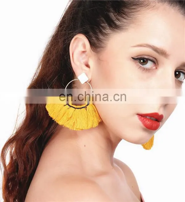 Fashion Women Vintage Geometric Fan - shaped Cotton Tassel Dangle Ear Stud Earrings