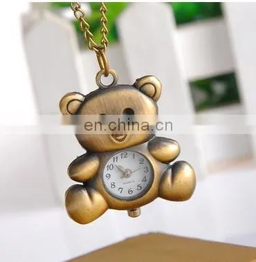 New Fashion Cute Pocket Watch Little Bear Pendant Necklace Women Dress Quartz Watches Gift