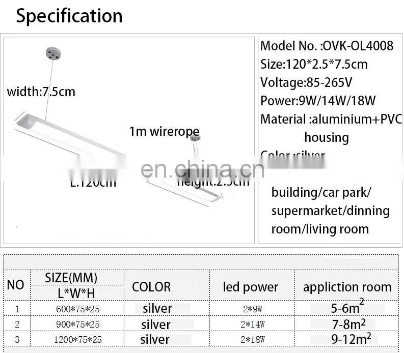 18W Industrial modern strip shaped ceiling light silver office hanging indoor lamp