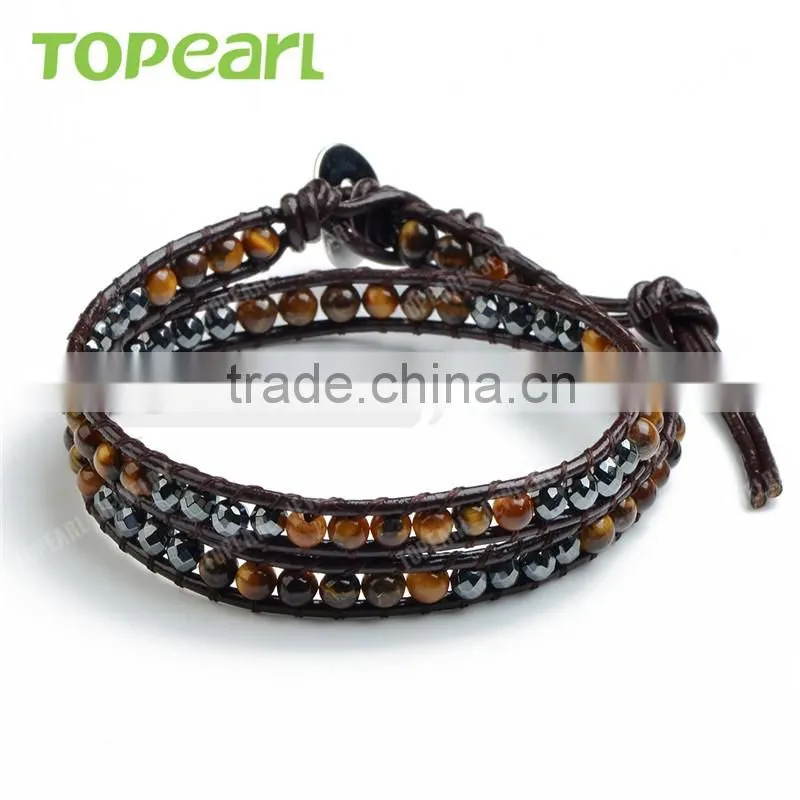 Topearl Jewelry Tiger Eye Hematite Fashion Bracelet Woven Leather Wrap Bangle 13.5 Inches CLL128