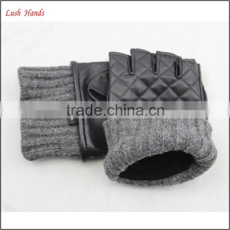 ladies winter fingerless leather gloves with grey knitting ending