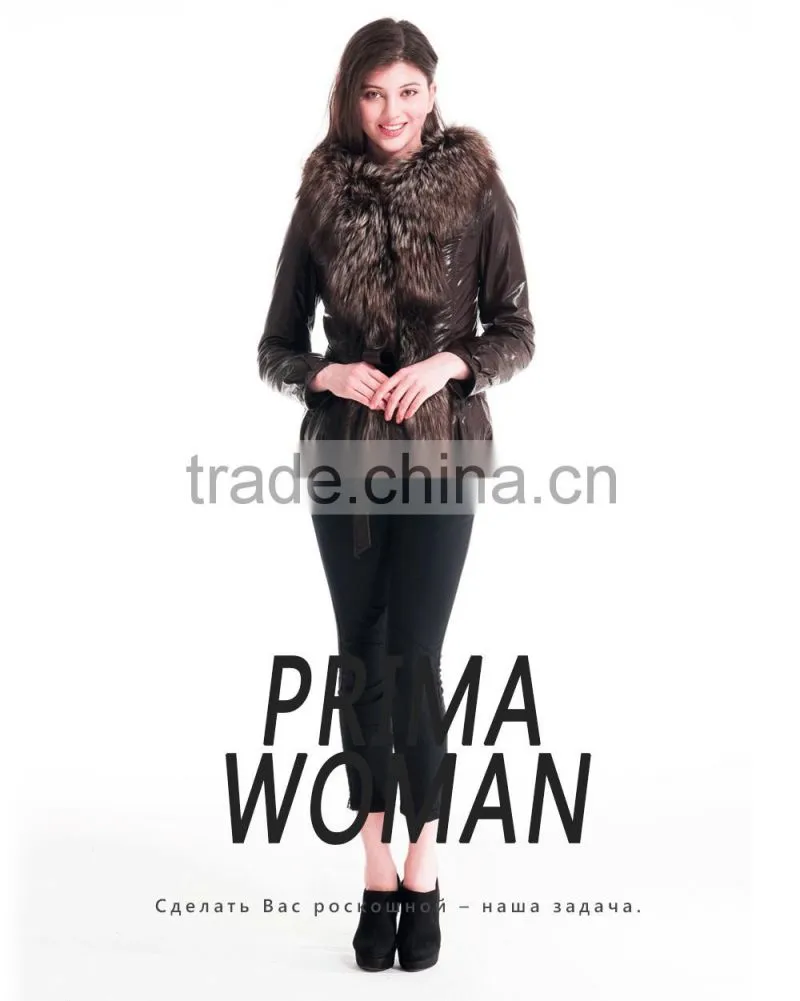 2015 New Style Winter Women Short Leather Coat With Belt Silver Fox Hat Overcoat