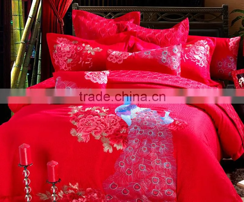 Chinese element embroidery jacquard red bedding set for wedding