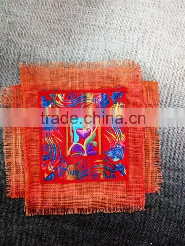 Double Layer Ramie Fabric Coaster With Embroidery At Center