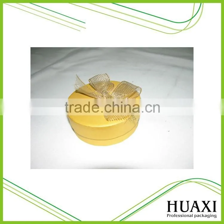 Custom made yellow round paper gift box with silk ribbon
