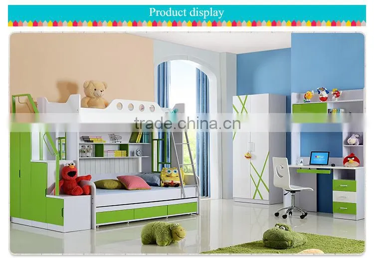 2016 New Design children bedroom furniture cute kids bunk bed with desk and wardrobe