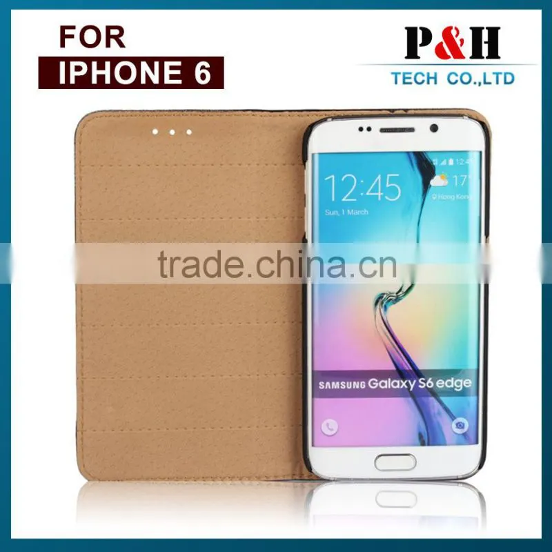 Vintage Customized Litchi Grain Genuine Real Cow Leather Flip Cover Case For iPhone 6 / 6 Plus