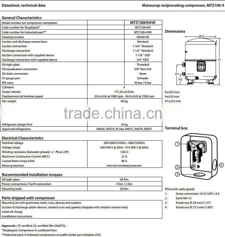(MTZ100-4VM)Maneurop MT and MTZ Series Hermetic Reciprocating Compressor