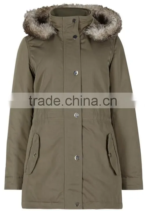 100% polyester slim fit hooded womens padded jacket with faux fur