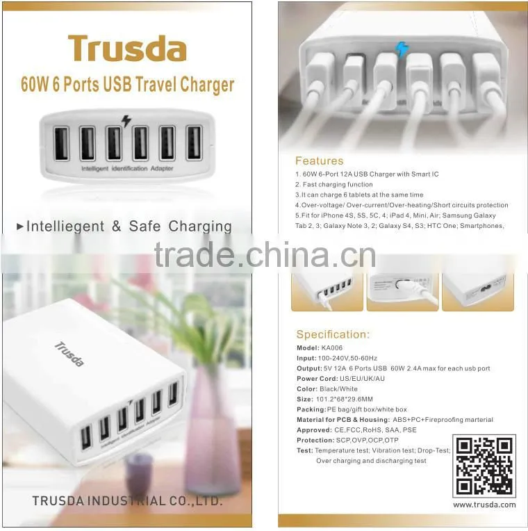 wall socket 6 ports 60W adpter Portable mobile charger,home charger,laptop charger