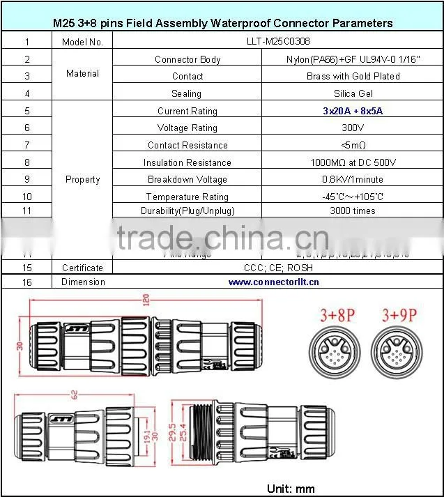 LLT M25 3+8 pin power and signal connector waterproof cord to cord connector