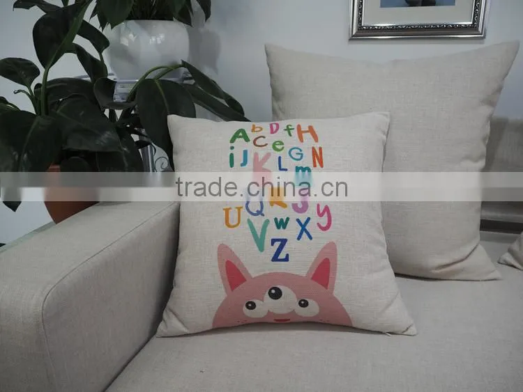 Custom cartoon design printed cushion cover 18inch square linen/cotton pillow case