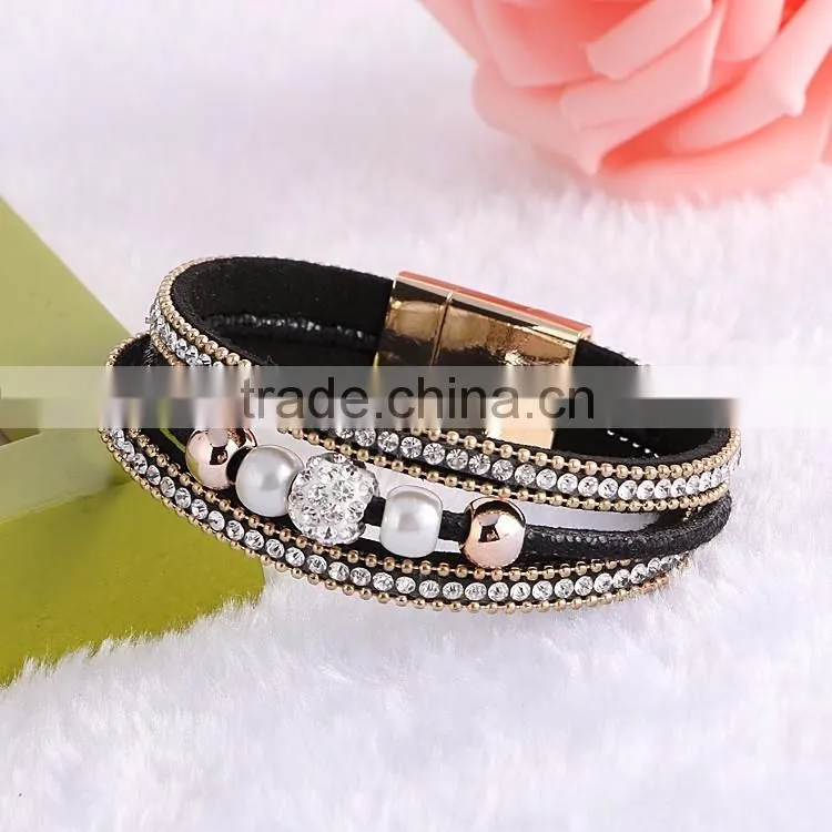 New Fashion Jewelry Woman Magnetic Clasp Leather Crystal Stones Bracelet