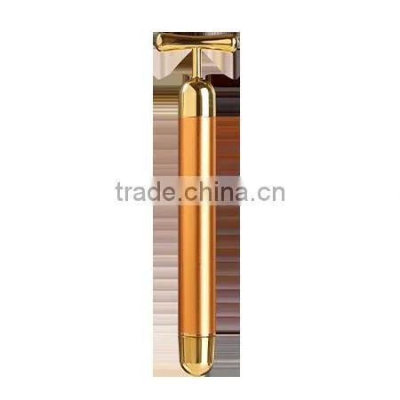 T shaped mini hanheld vibrating massager roller 24K gold beauty massage bar facial anti-wrinkle roller