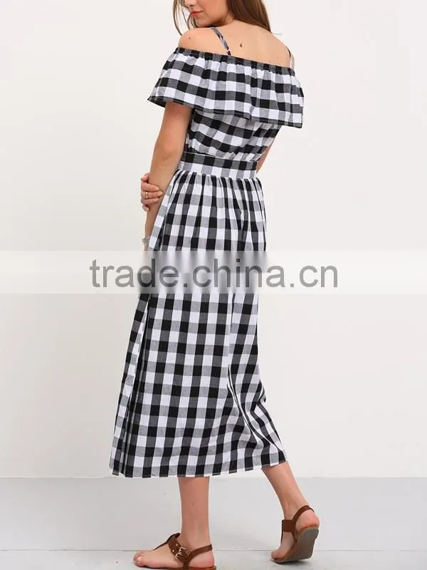 Woman Black and White Plaid Off The Shoulder Short Sleeve Summer Casual Dress