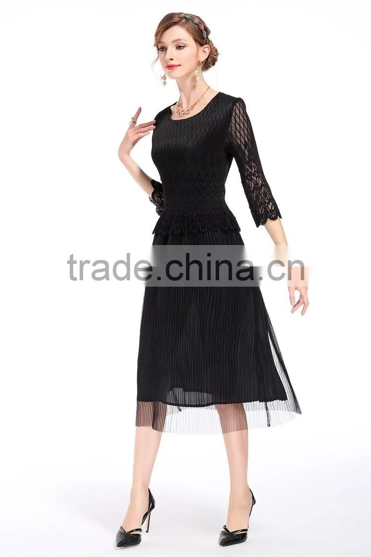 Ladies compression 3/4 transparent lace sleeve slim long dress