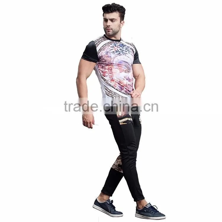 2016 new style custom print patch plain black 97%cotton casual fitness mens printed pants
